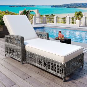 Outdoor Wicker Chaise Lounge Chair with Armrests Adjustable Patio Recliner with Removable Cushion All Weather Rattan Pool Lounger for Garden Pool