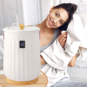 Towel Warmer Bucket with Handle Faux Wood Grip LCD Display V0 Flame Retardant PP Material White with Yellow Trim ETL and FCC Certified Patented T