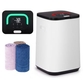 Towel Warmer Bucket with Hook Aromatherapy Box Power Cord Storage LED Touch Screen Timer Preset Heating White PP Body Black Lid Square Design 60